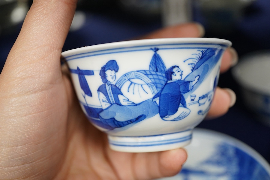 Two Chinese blue and white tea bowls and saucers, saucer 11.5cm diameter.